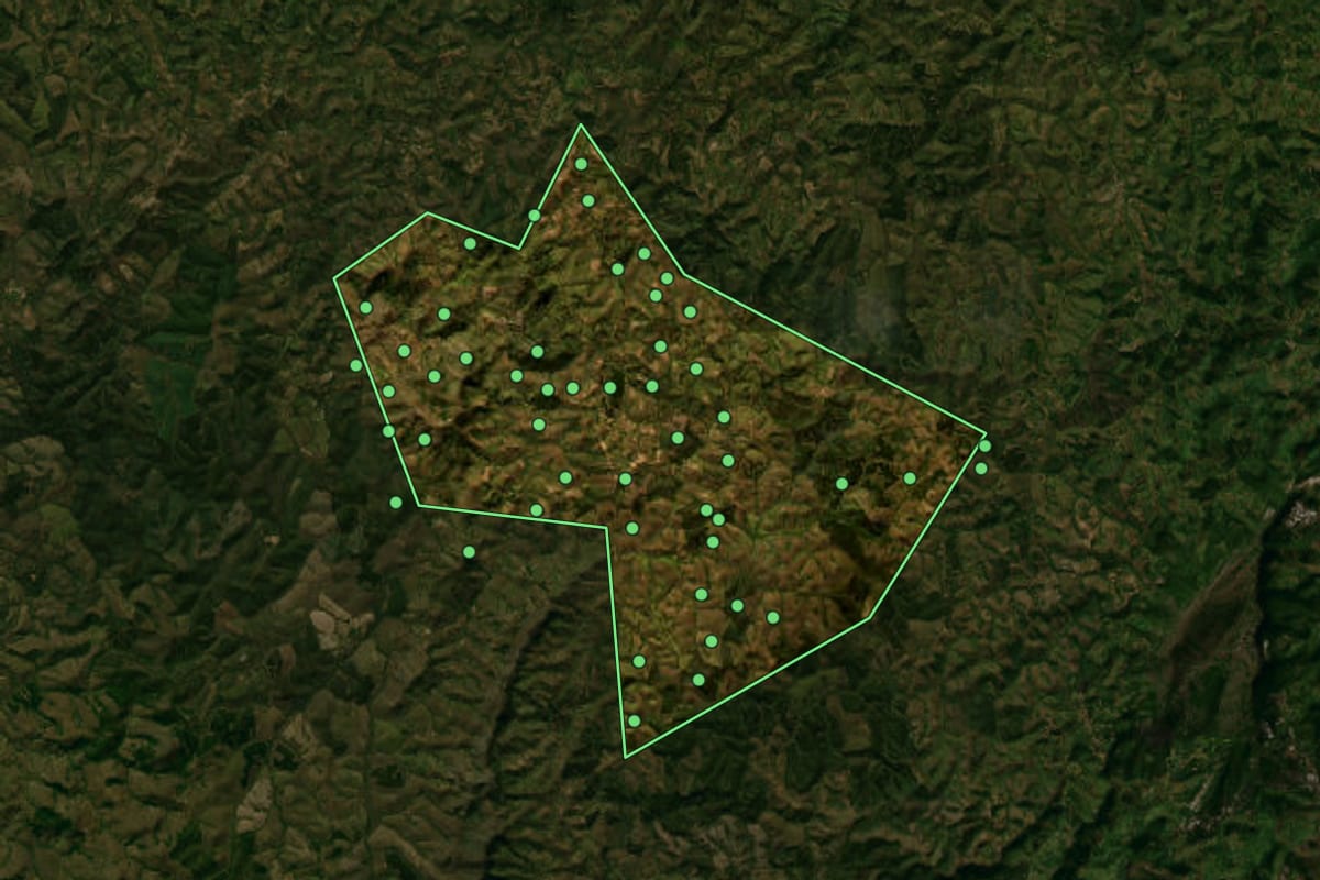 Imagem de satélite de Santana do Garambéu (MG), com o contorno do município e a posição dos imóveis desta página.