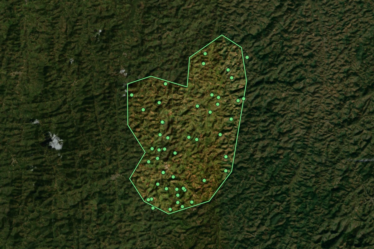 Imagem de satélite de Santana do Manhuaçu (MG), com o contorno do município e a posição dos imóveis desta página.