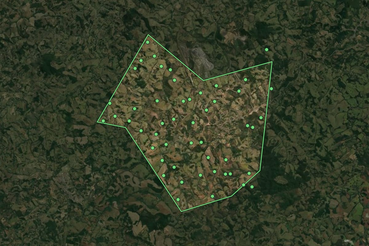 Imagem de satélite de São Brás do Suaçuí (MG), com o contorno do município e a posição dos imóveis desta página.