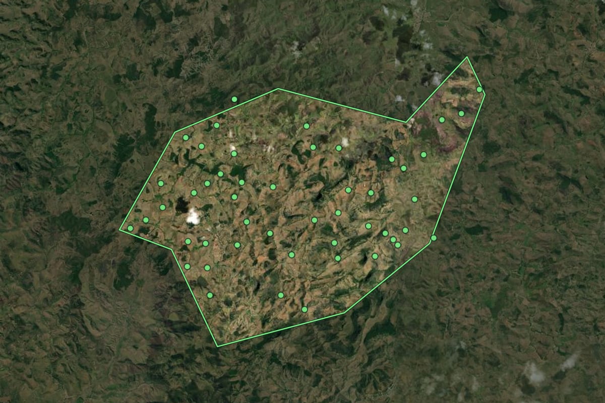 Imagem de satélite de São Félix de Minas (MG), com o contorno do município e a posição dos imóveis desta página.