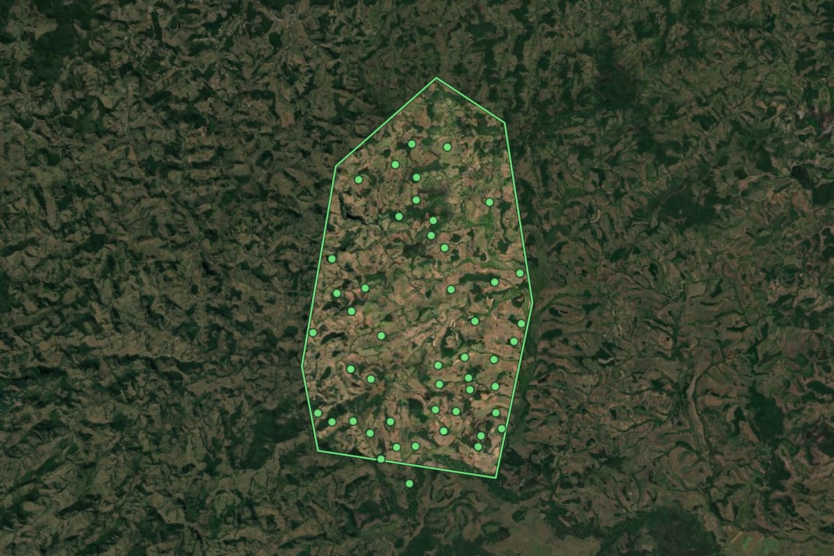 Imagem de satélite de São Geraldo da Piedade (MG), com o contorno do município e a posição dos imóveis desta página.