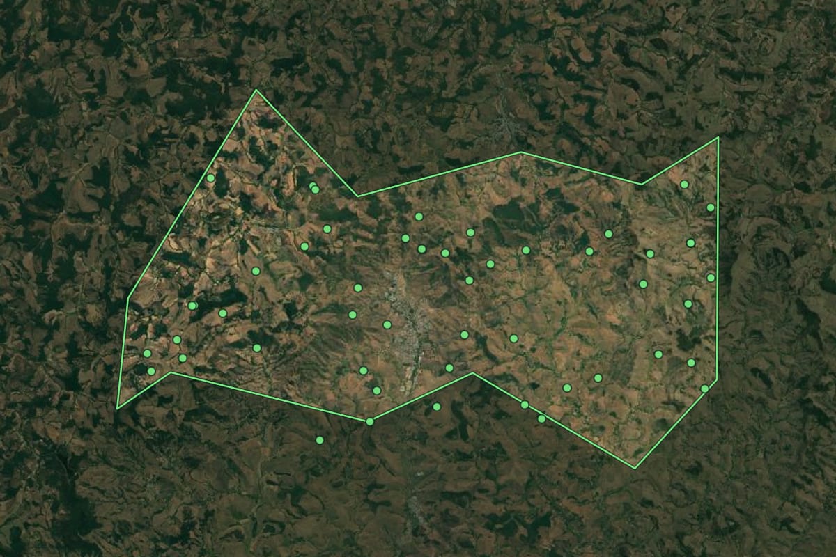 Imagem de satélite de São Geraldo (MG), com o contorno do município e a posição dos imóveis desta página.