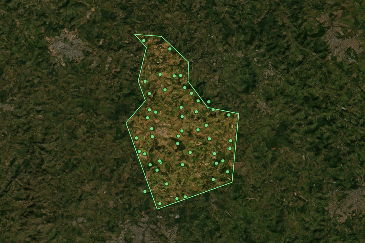 Imagem de satélite de São Gonçalo do Pará (MG), com o contorno do município e a posição dos imóveis desta página.