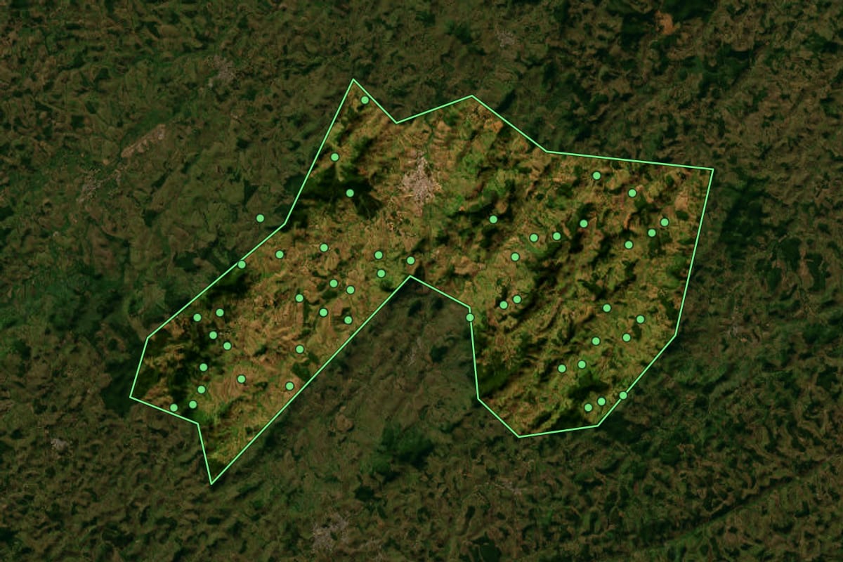Imagem de satélite de São João Nepomuceno (MG), com o contorno do município e a posição dos imóveis desta página.
