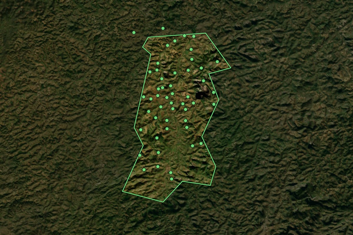 Imagem de satélite de São José do Divino (MG), com o contorno do município e a posição dos imóveis desta página.