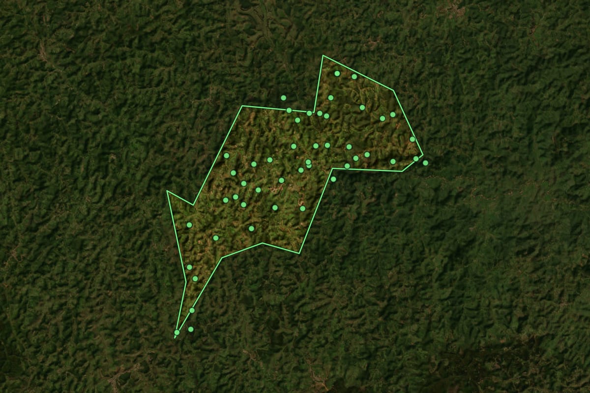 Imagem de satélite de São Pedro do Suaçuí (MG), com o contorno do município e a posição dos imóveis desta página.