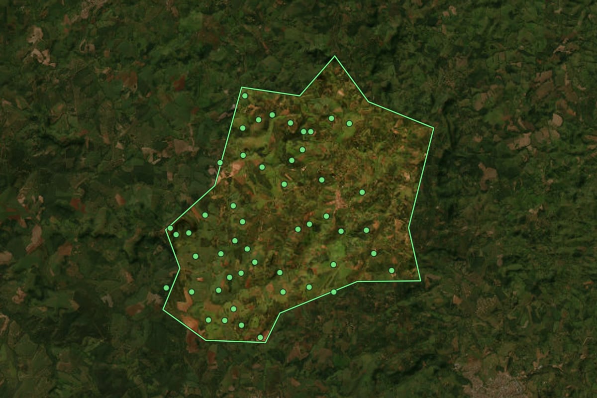 Imagem de satélite de São Tomás de Aquino (MG), com o contorno do município e a posição dos imóveis desta página.
