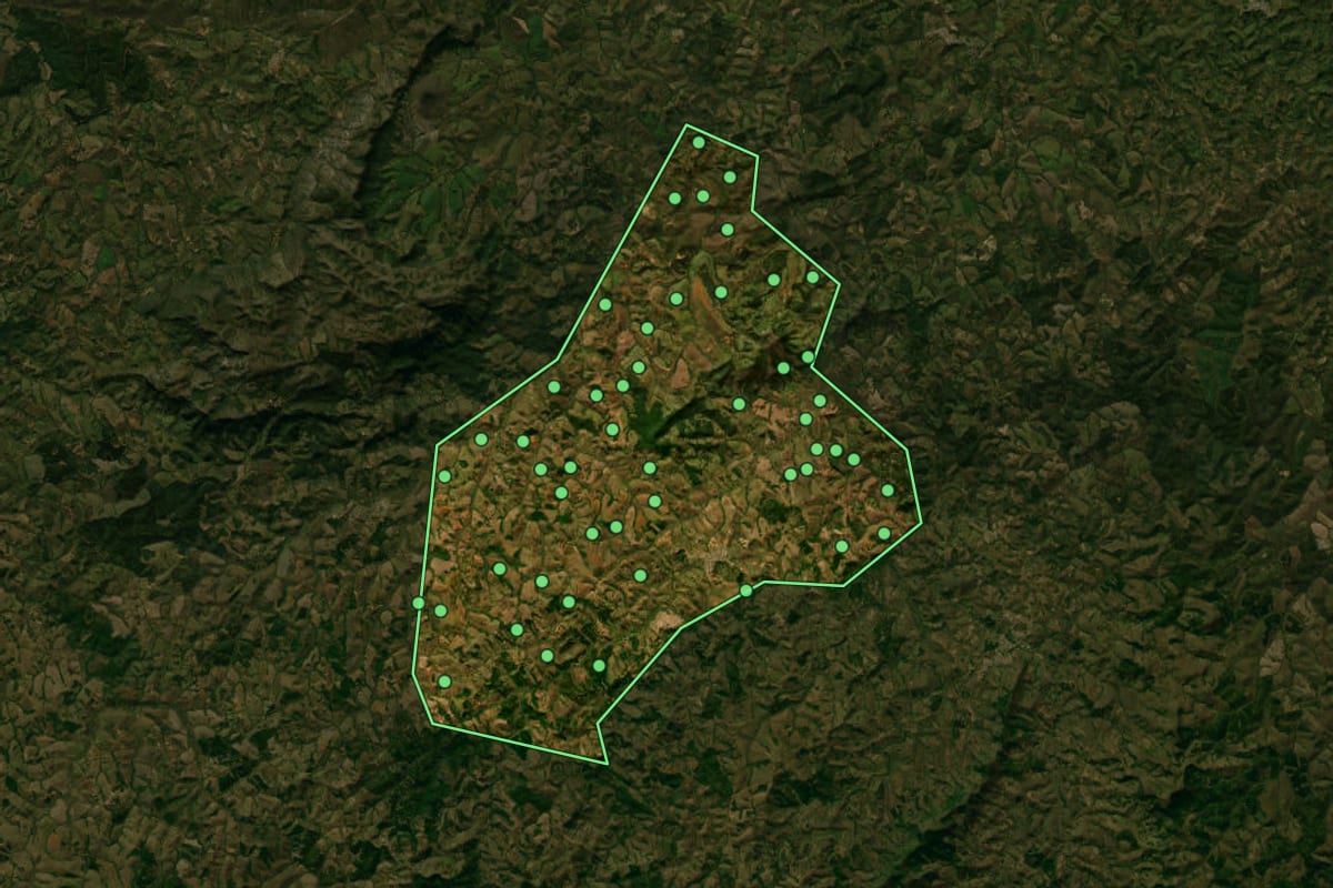 Imagem de satélite de São Vicente de Minas (MG), com o contorno do município e a posição dos imóveis desta página.