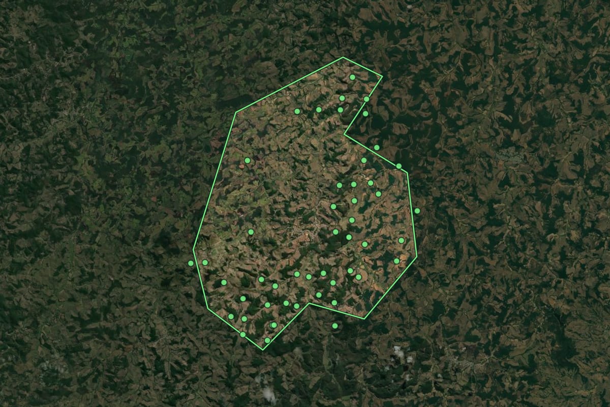 Imagem de satélite de Senador Firmino (MG), com o contorno do município e a posição dos imóveis desta página.