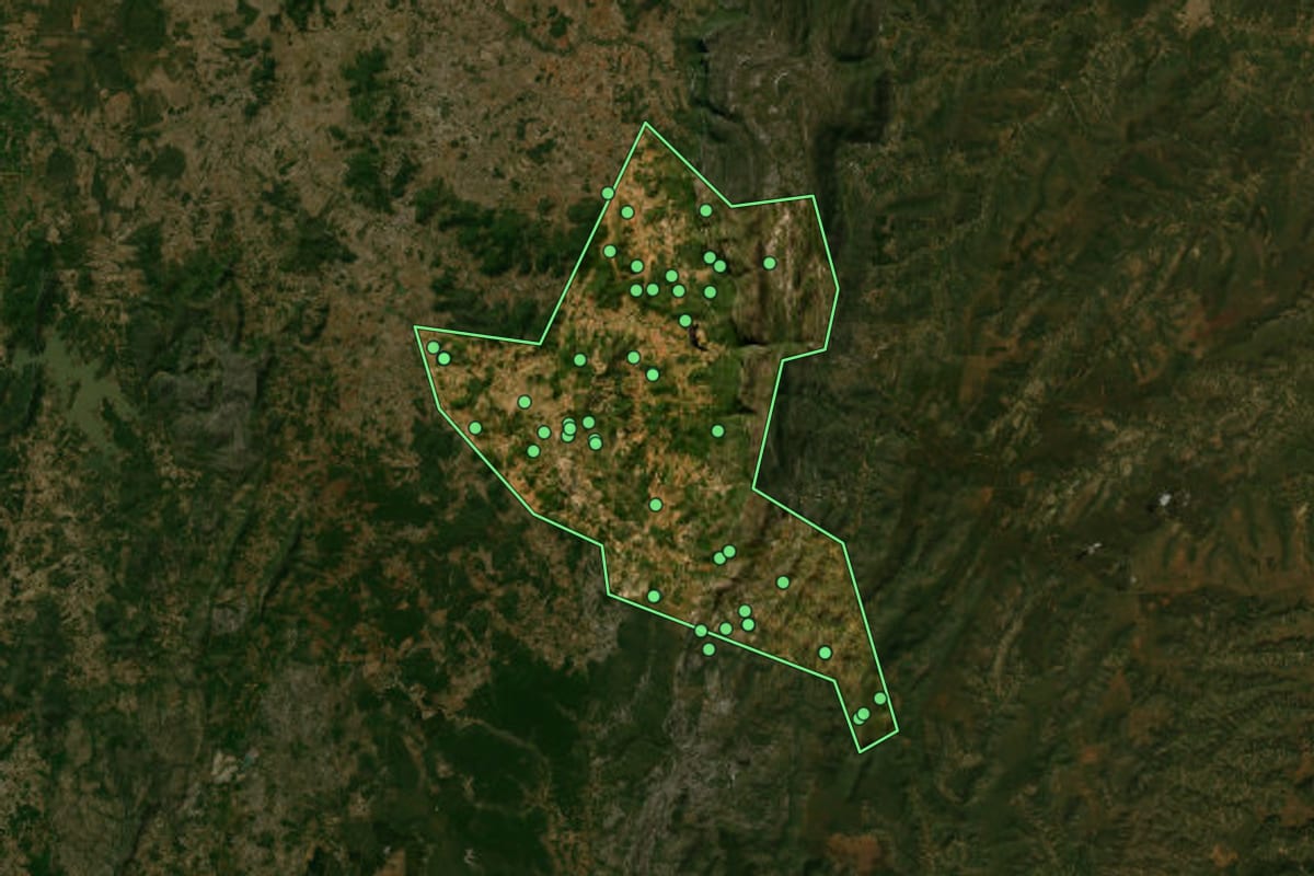 Imagem de satélite de Serranópolis de Minas (MG), com o contorno do município e a posição dos imóveis desta página.