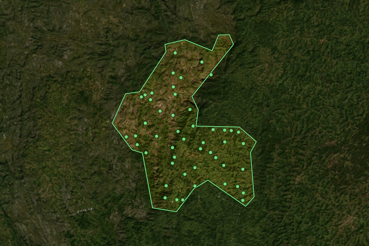 Imagem de satélite de Serro (MG), com o contorno do município e a posição dos imóveis desta página.