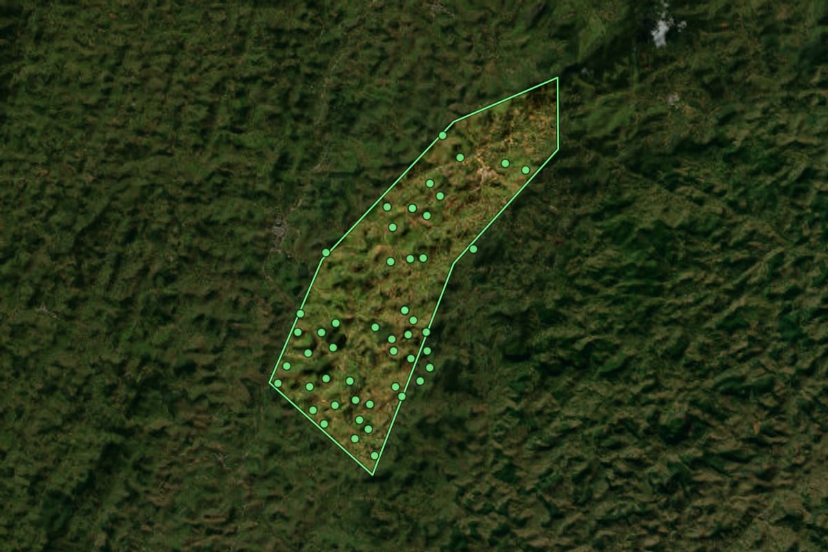 Imagem de satélite de Vieiras (MG), com o contorno do município e a posição dos imóveis desta página.