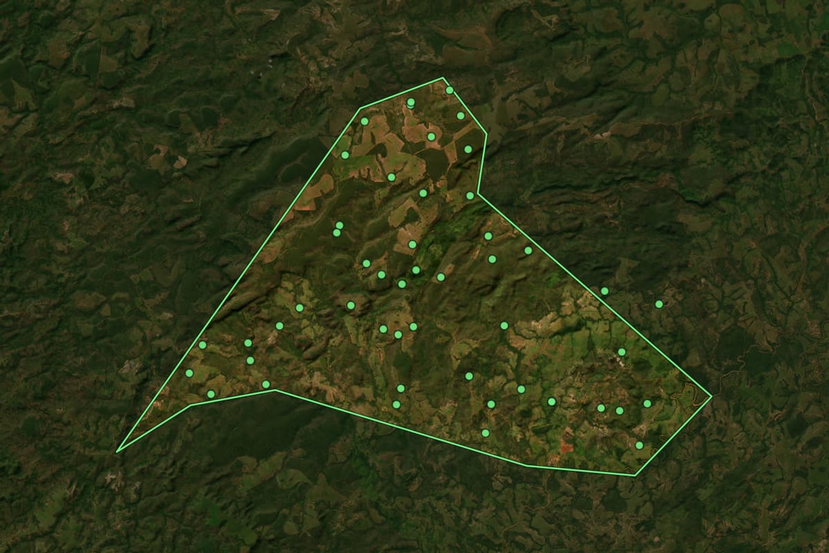 Imagem de satélite de Araguainha (MT), com o contorno do município e a posição dos imóveis desta página.