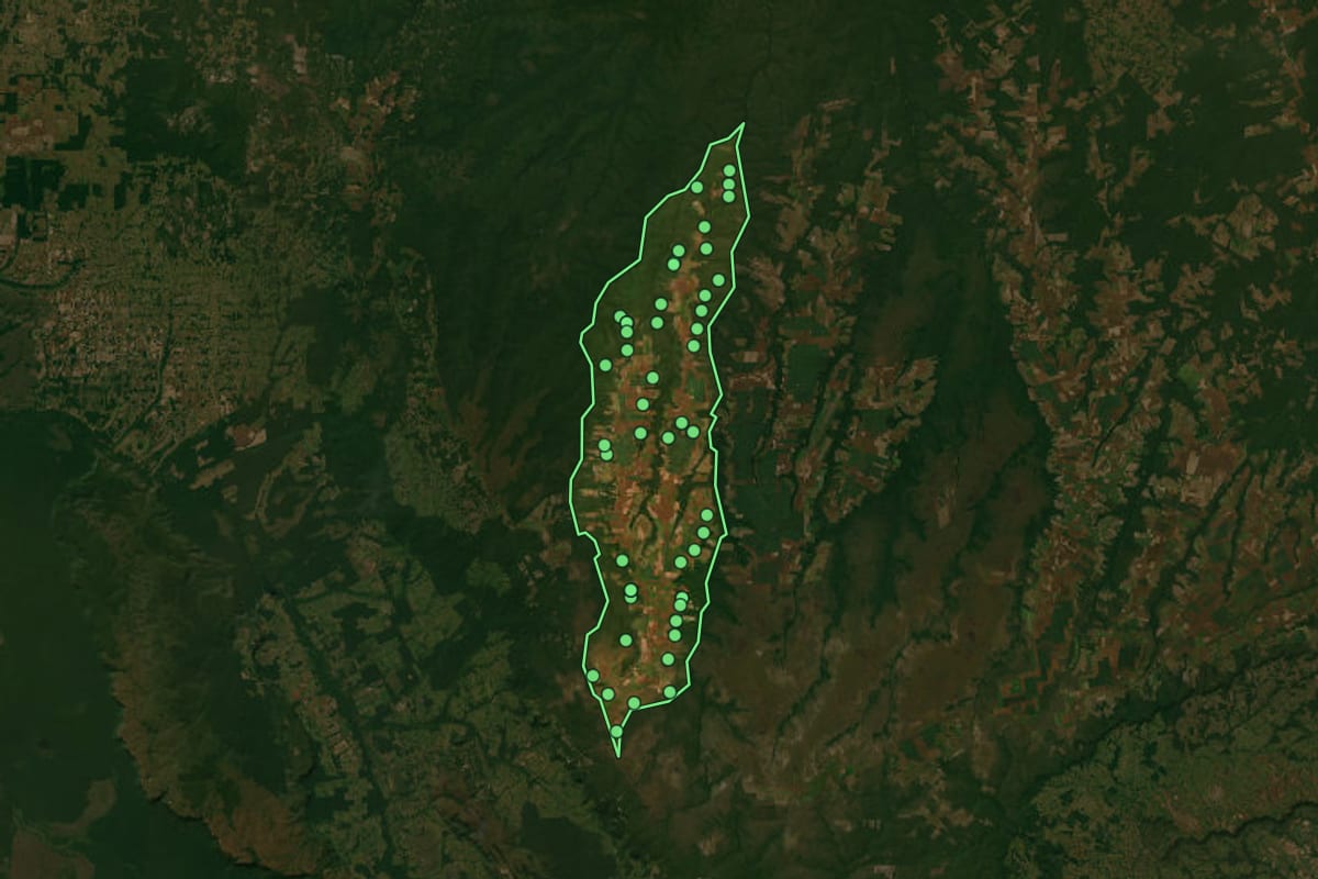 Imagem de satélite de Campos de Júlio (MT), com o contorno do município e a posição dos imóveis desta página.