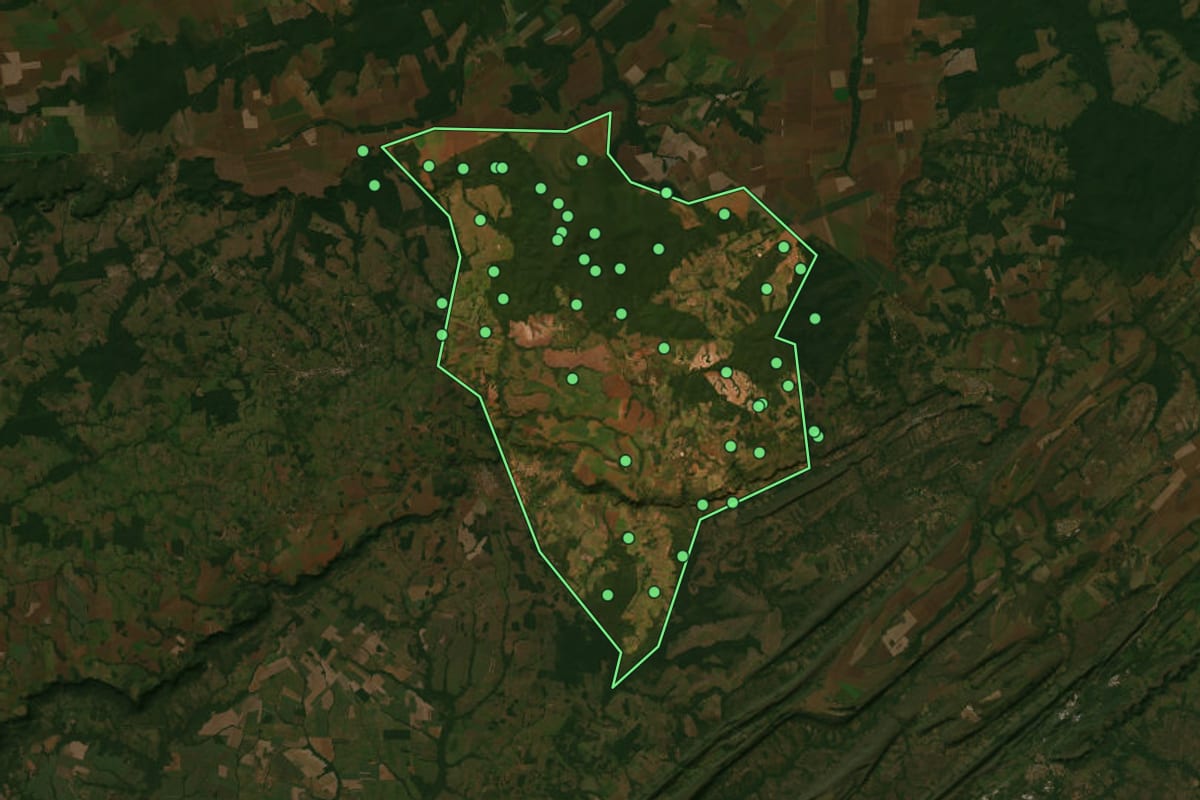 Imagem de satélite de Nortelândia (MT), com o contorno do município e a posição dos imóveis desta página.