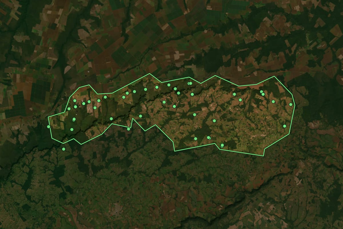 Imagem de satélite de Nova Marilândia (MT), com o contorno do município e a posição dos imóveis desta página.