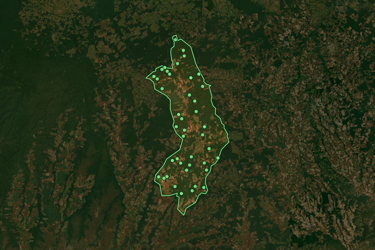 Imagem de satélite de Nova Maringá (MT), com o contorno do município e a posição dos imóveis desta página.