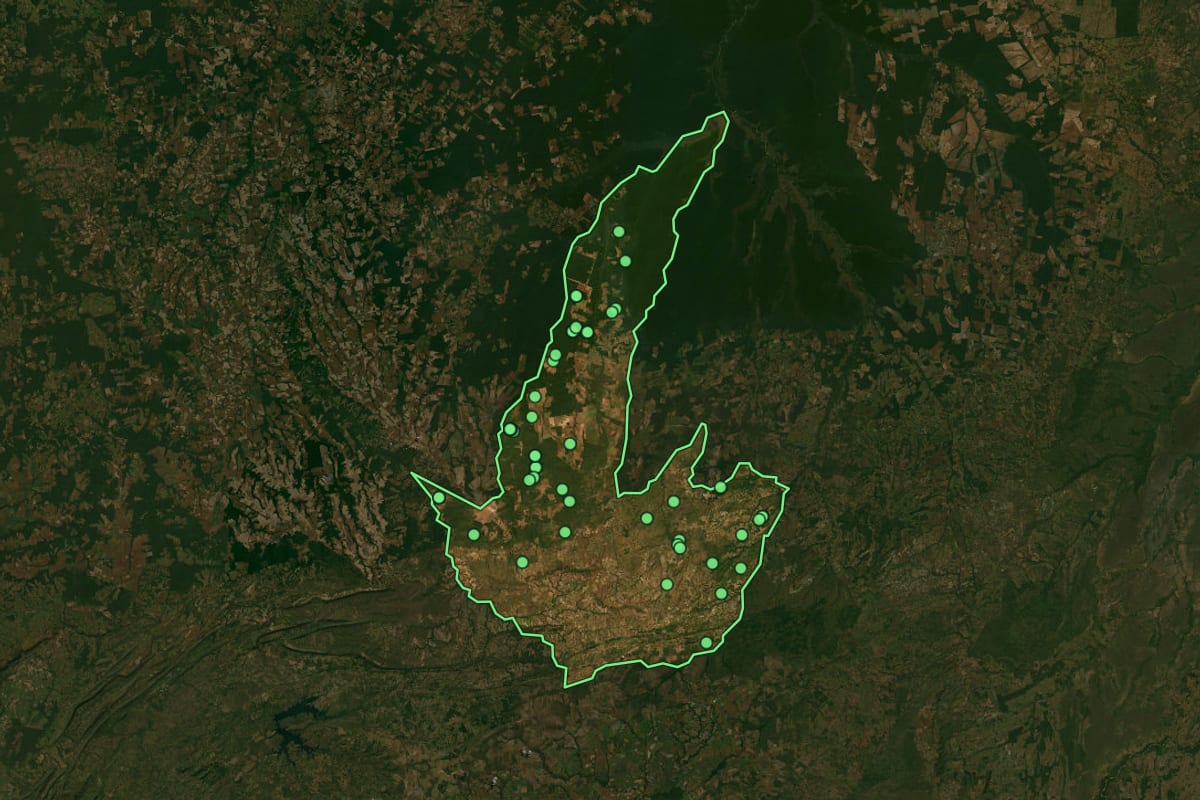 Imagem de satélite de Paranatinga (MT), com o contorno do município e a posição dos imóveis desta página.