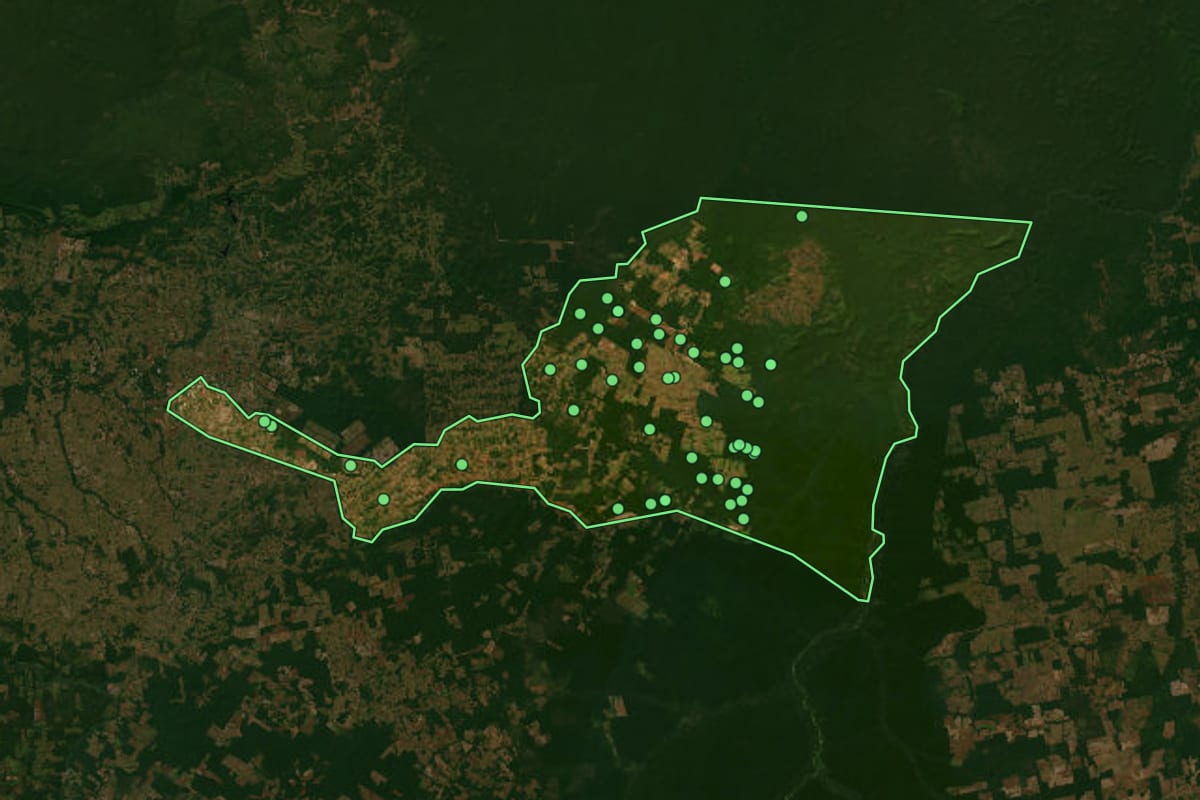 Imagem de satélite de Peixoto de Azevedo (MT), com o contorno do município e a posição dos imóveis desta página.