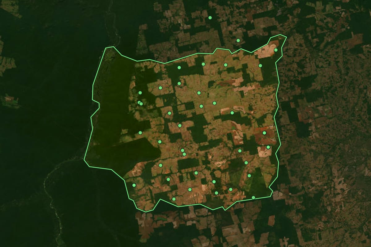 Imagem de satélite de São José do Xingu (MT), com o contorno do município e a posição dos imóveis desta página.