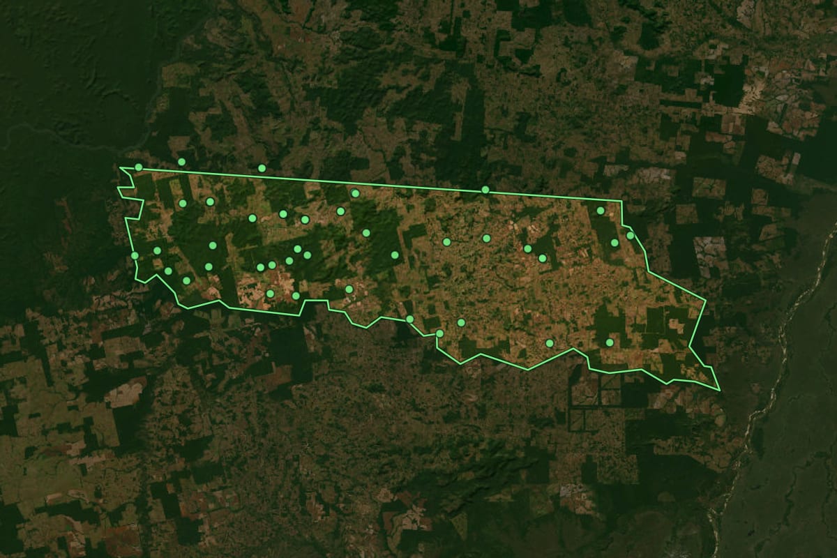 Imagem de satélite de Vila Rica (MT), com o contorno do município e a posição dos imóveis desta página.