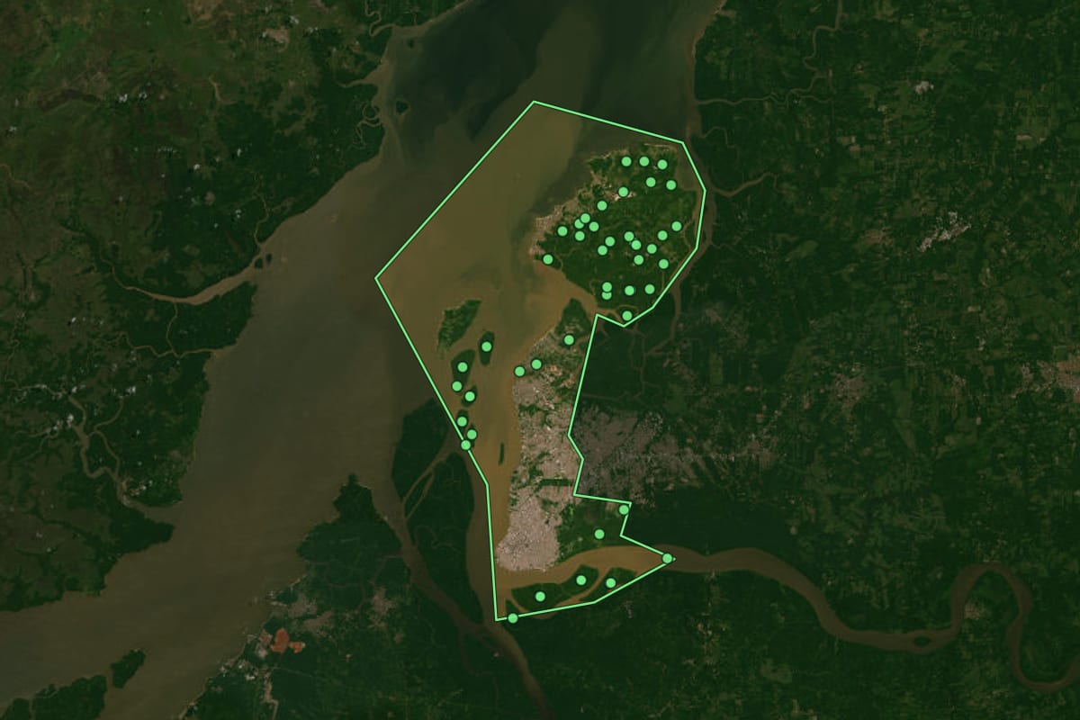 Imagem de satélite de Belém (PA), com o contorno do município e a posição dos imóveis desta página.