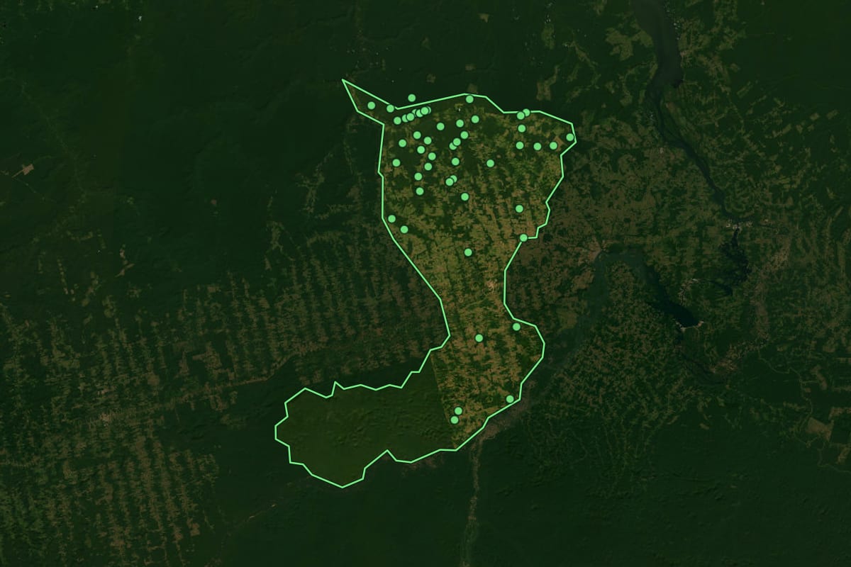 Imagem de satélite de Brasil Novo (PA), com o contorno do município e a posição dos imóveis desta página.