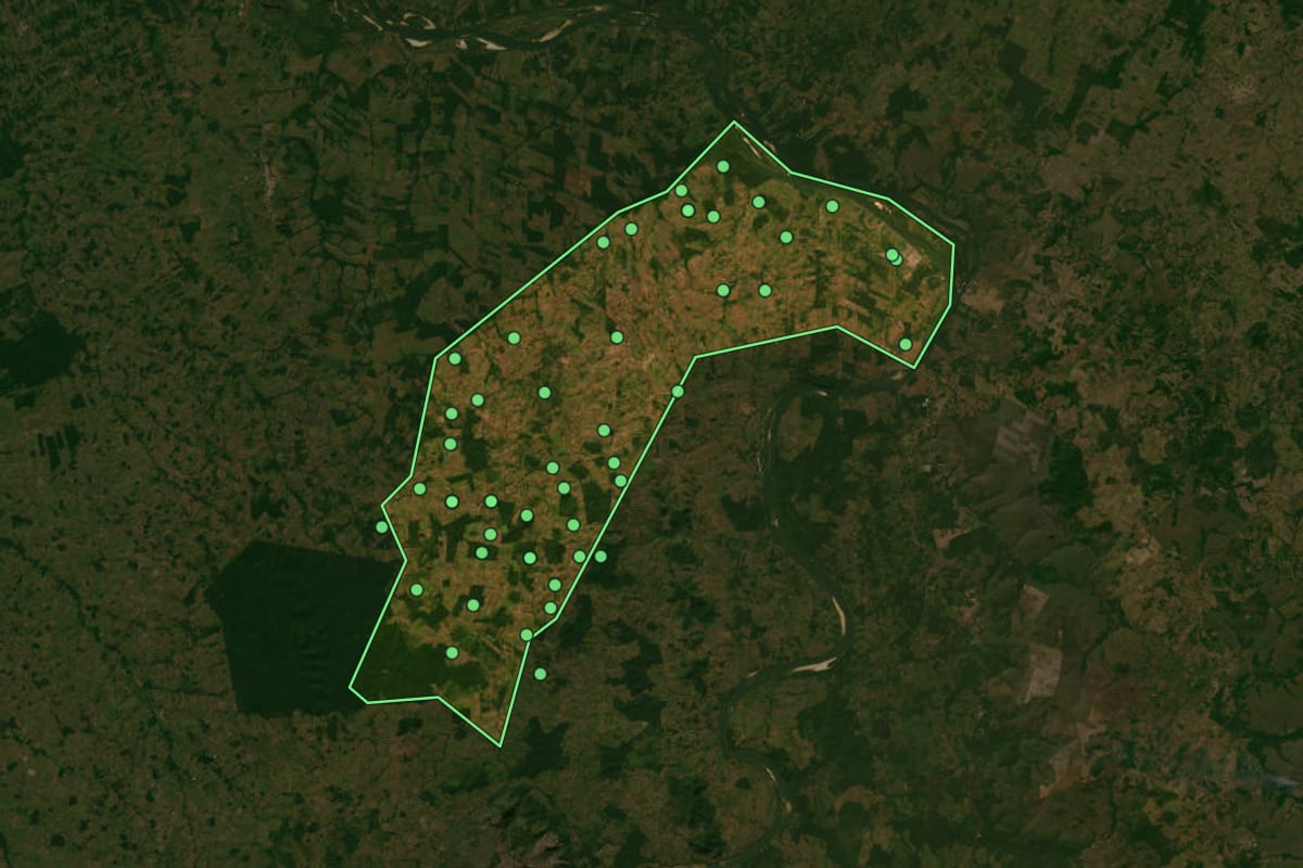 Imagem de satélite de Brejo Grande do Araguaia (PA), com o contorno do município e a posição dos imóveis desta página.