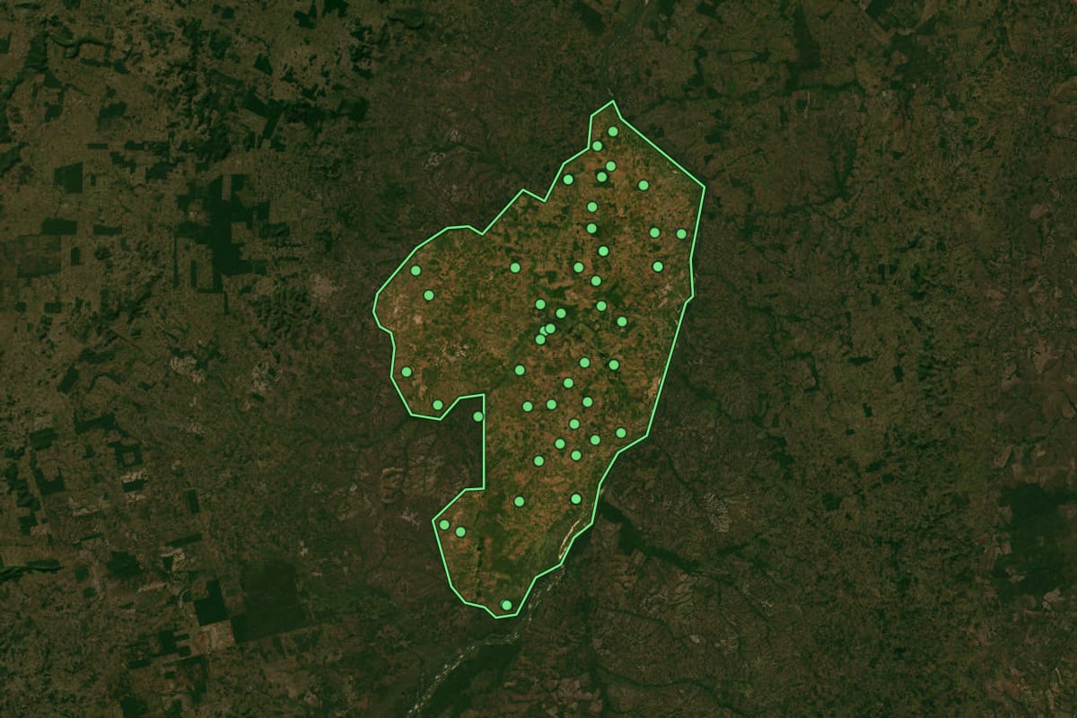 Imagem de satélite de Conceição do Araguaia (PA), com o contorno do município e a posição dos imóveis desta página.