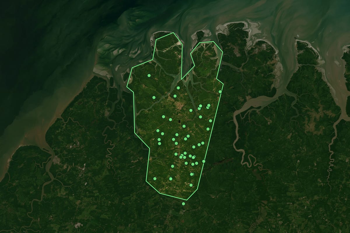 Imagem de satélite de Curuçá (PA), com o contorno do município e a posição dos imóveis desta página.