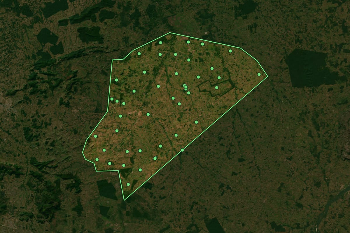 Imagem de satélite de Eldorado do Carajás (PA), com o contorno do município e a posição dos imóveis desta página.