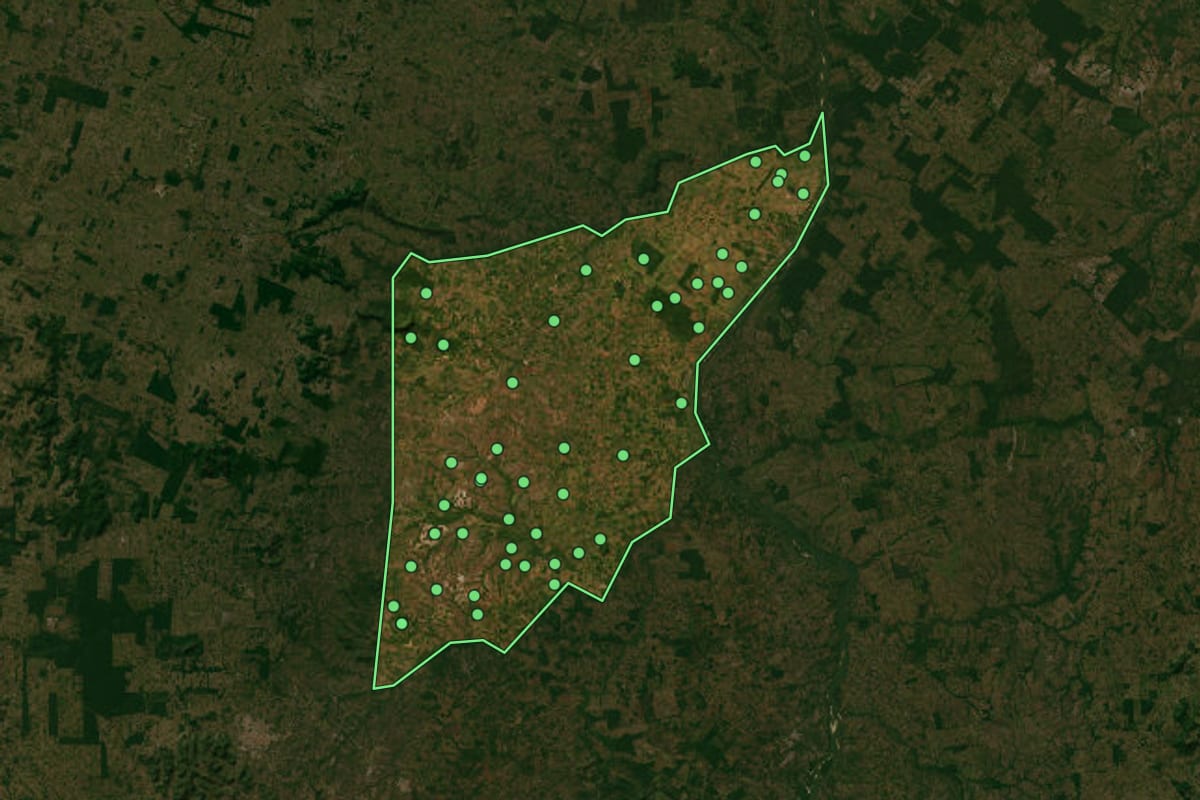 Imagem de satélite de Floresta do Araguaia (PA), com o contorno do município e a posição dos imóveis desta página.