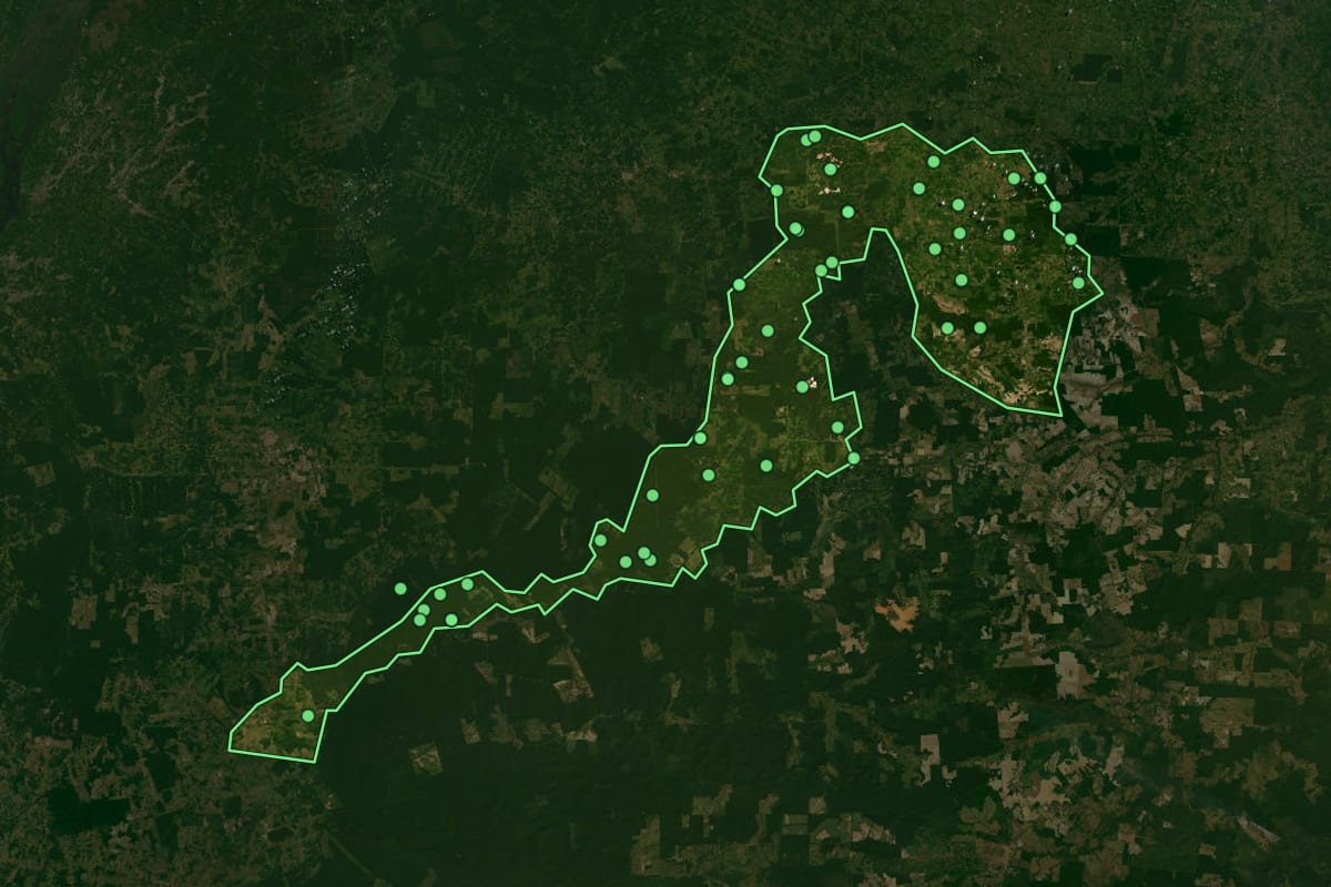 Imagem de satélite de Ipixuna do Pará (PA), com o contorno do município e a posição dos imóveis desta página.