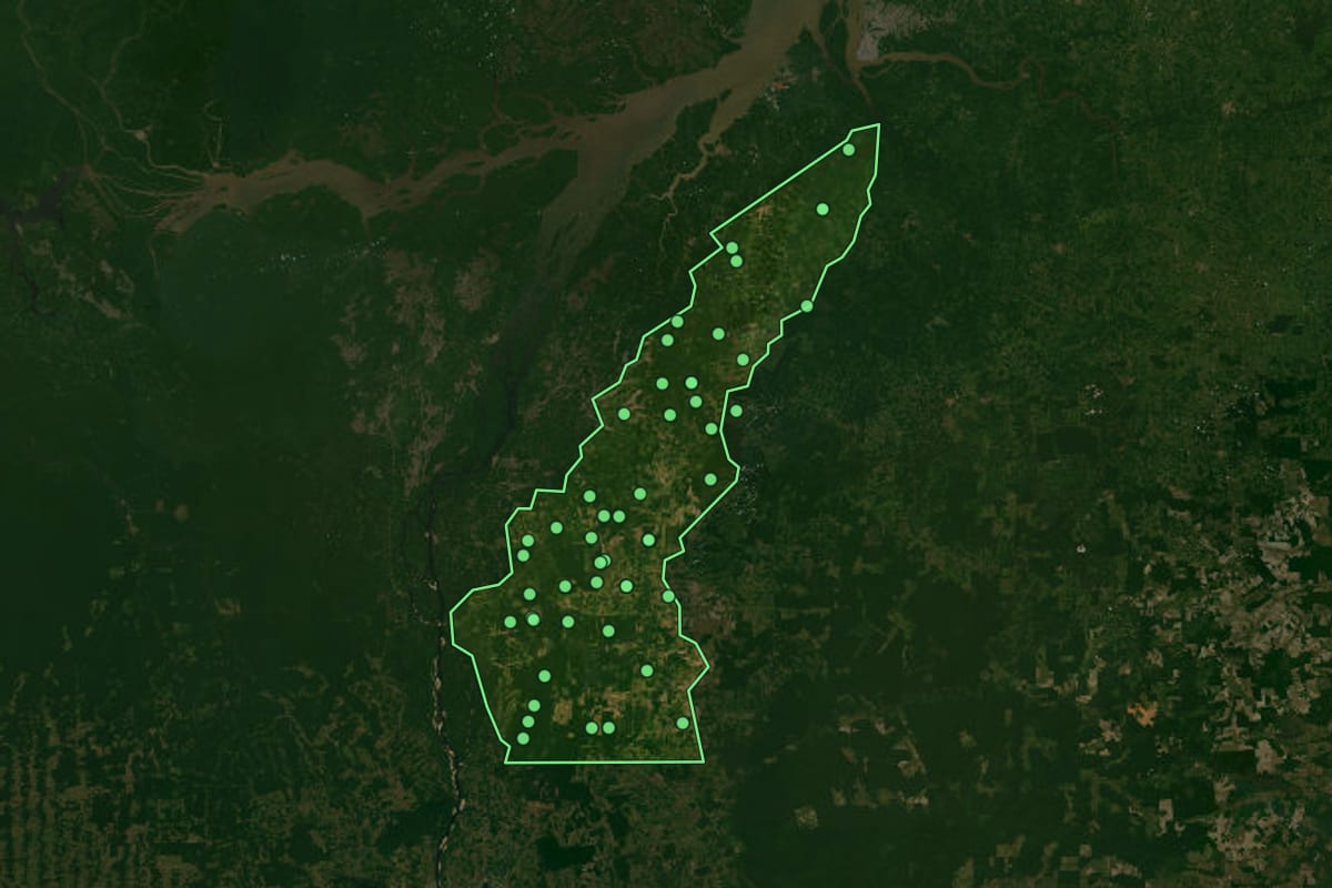 Imagem de satélite de Moju (PA), com o contorno do município e a posição dos imóveis desta página.