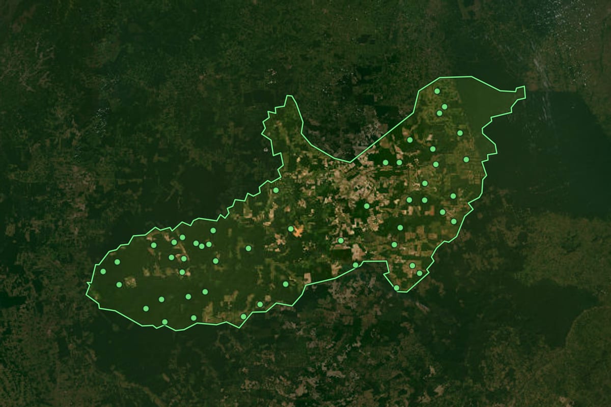Imagem de satélite de Paragominas (PA), com o contorno do município e a posição dos imóveis desta página.