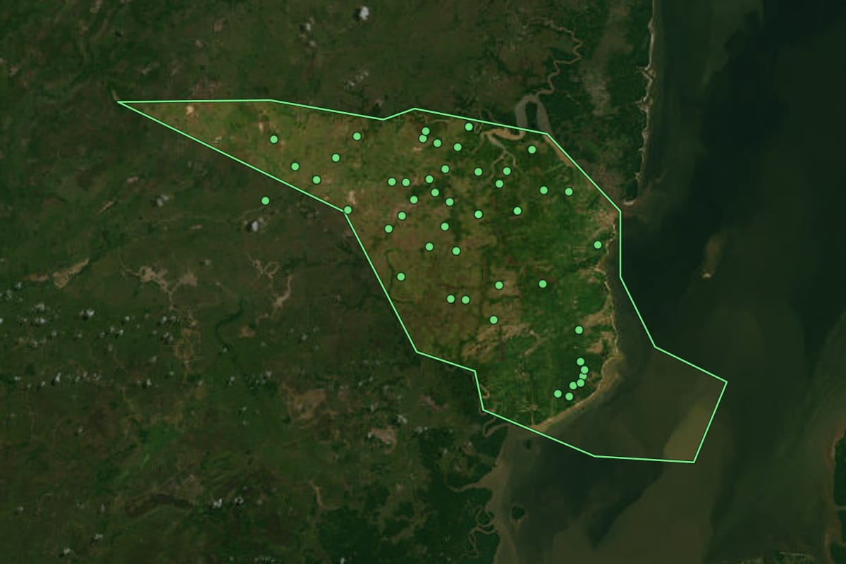 Imagem de satélite de Salvaterra (PA), com o contorno do município e a posição dos imóveis desta página.