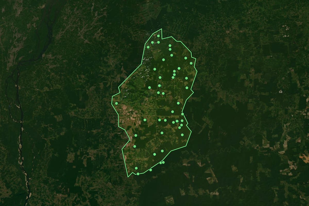 Imagem de satélite de Tailândia (PA), com o contorno do município e a posição dos imóveis desta página.