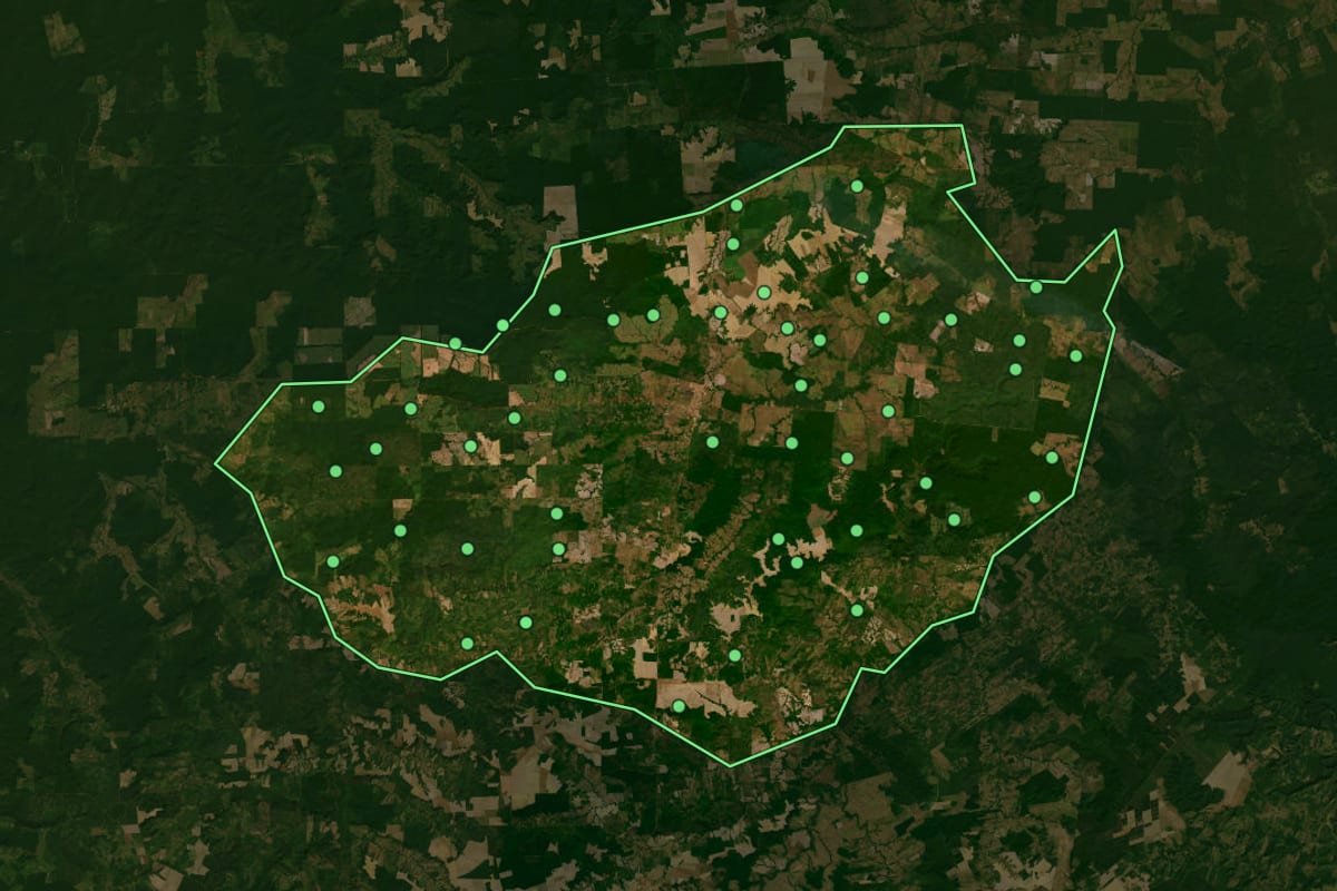 Imagem de satélite de Ulianópolis (PA), com o contorno do município e a posição dos imóveis desta página.