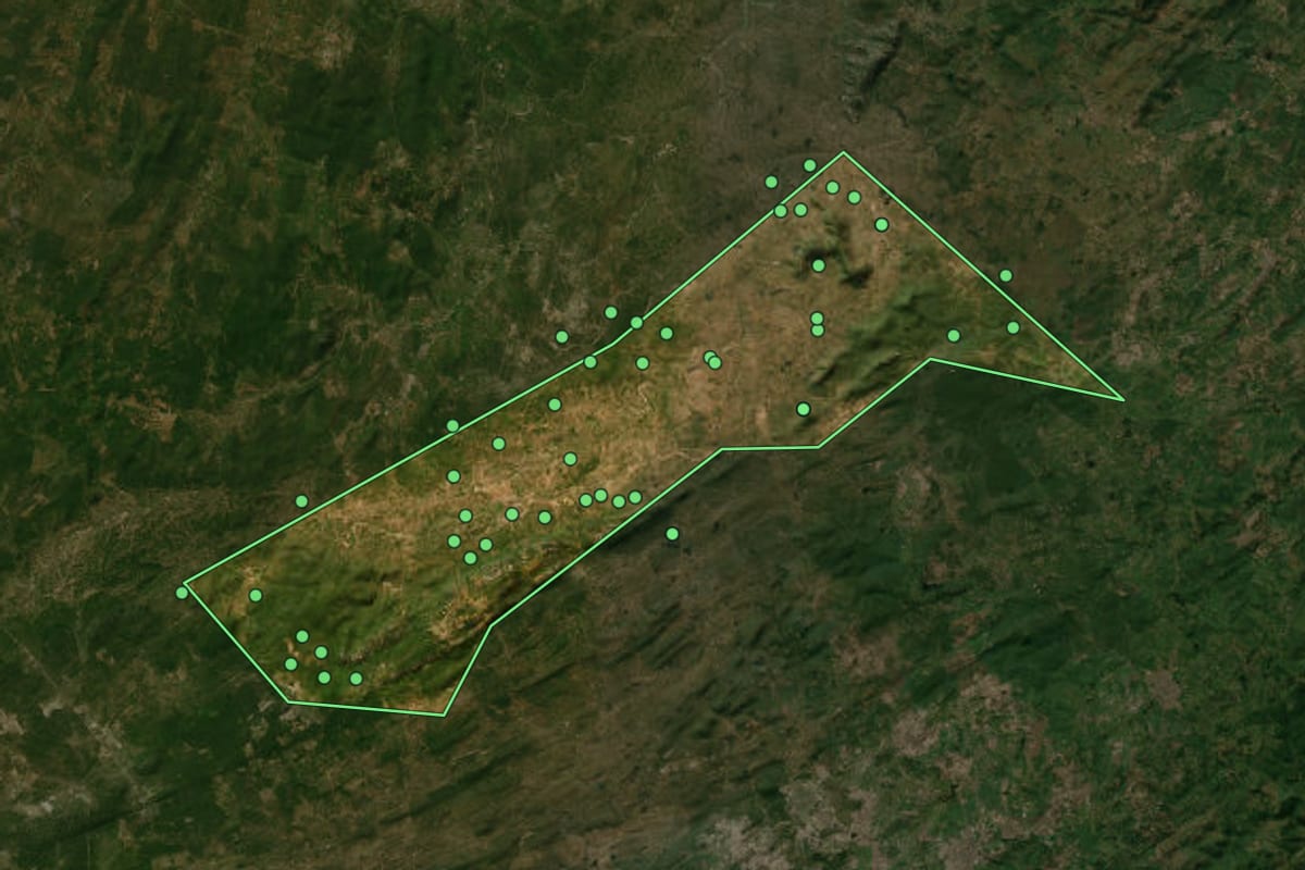 Imagem de satélite de Algodão de Jandaíra (PB), com o contorno do município e a posição dos imóveis desta página.