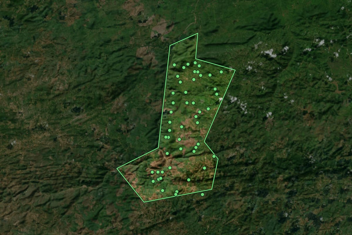 Imagem de satélite de Natuba (PB), com o contorno do município e a posição dos imóveis desta página.
