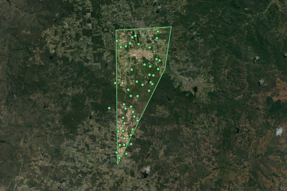 Imagem de satélite de Nova Floresta (PB), com o contorno do município e a posição dos imóveis desta página.