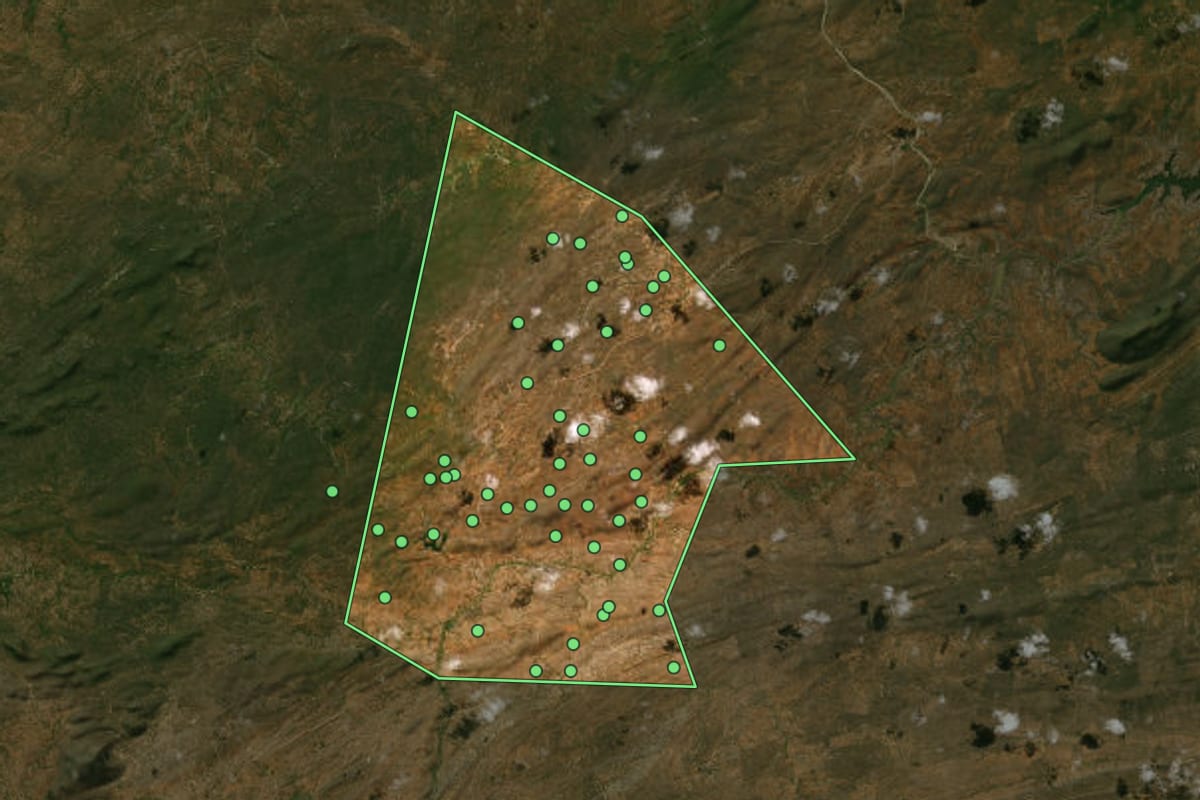 Imagem de satélite de São Domingos do Cariri (PB), com o contorno do município e a posição dos imóveis desta página.