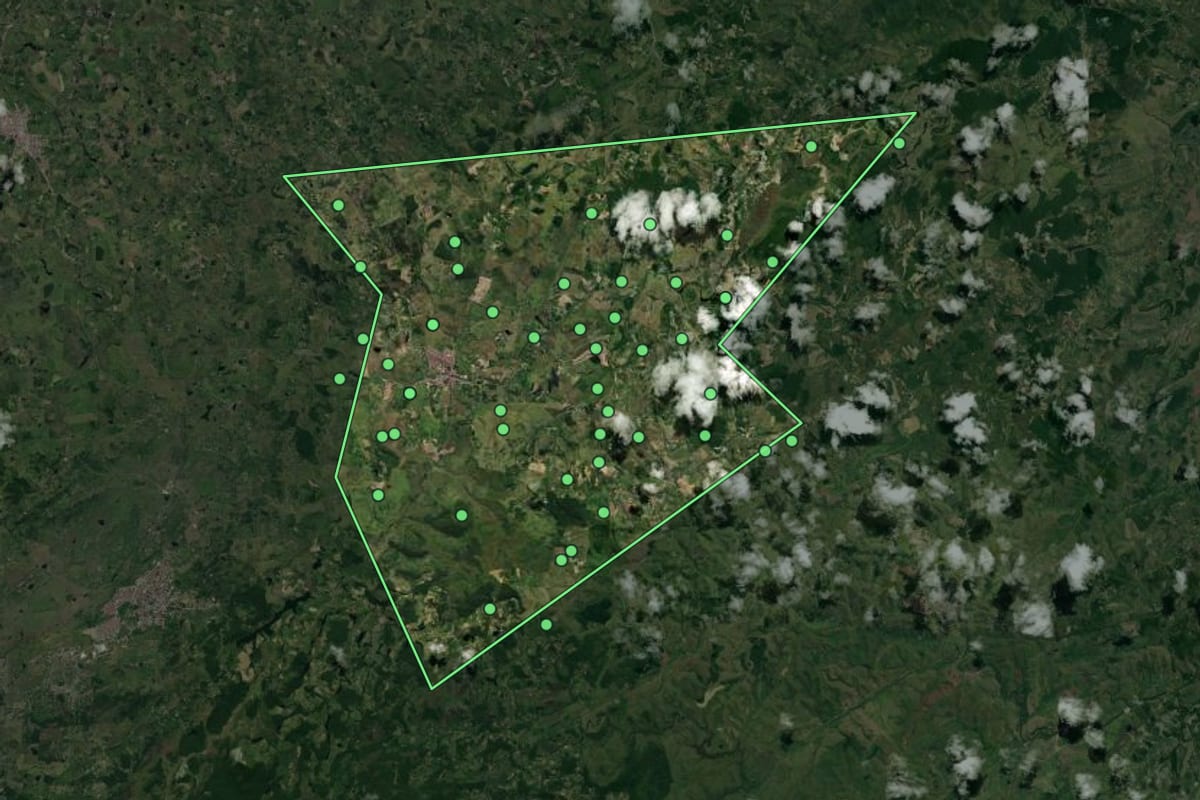 Imagem de satélite de Barra de Guabiraba (PE), com o contorno do município e a posição dos imóveis desta página.
