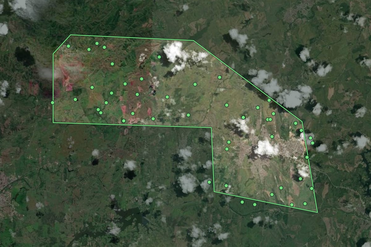 Imagem de satélite de Carpina (PE), com o contorno do município e a posição dos imóveis desta página.