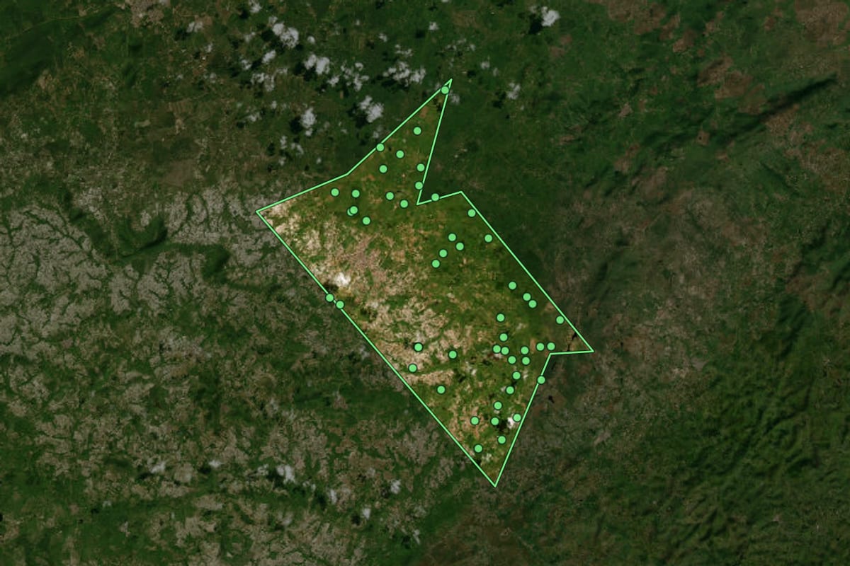 Imagem de satélite de Lajedo (PE), com o contorno do município e a posição dos imóveis desta página.