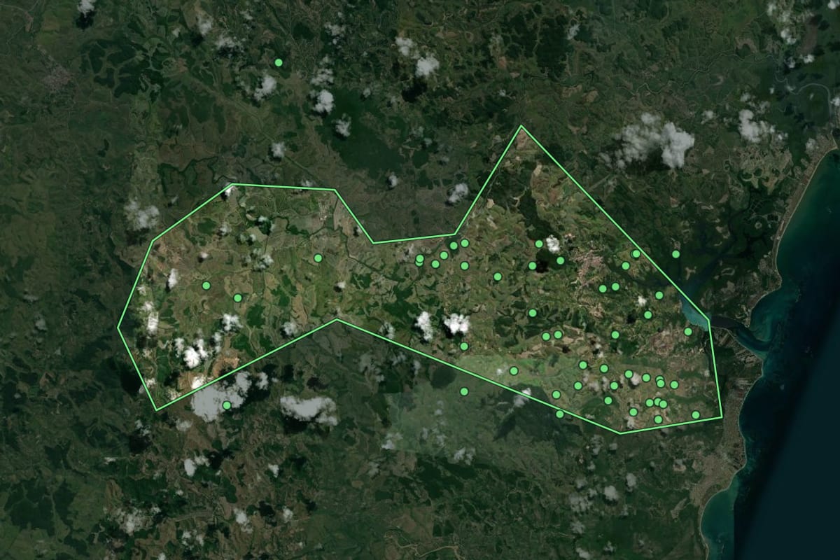 Imagem de satélite de Rio Formoso (PE), com o contorno do município e a posição dos imóveis desta página.