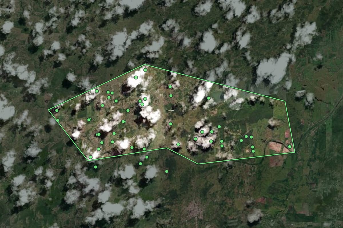 Imagem de satélite de Salgadinho (PE), com o contorno do município e a posição dos imóveis desta página.