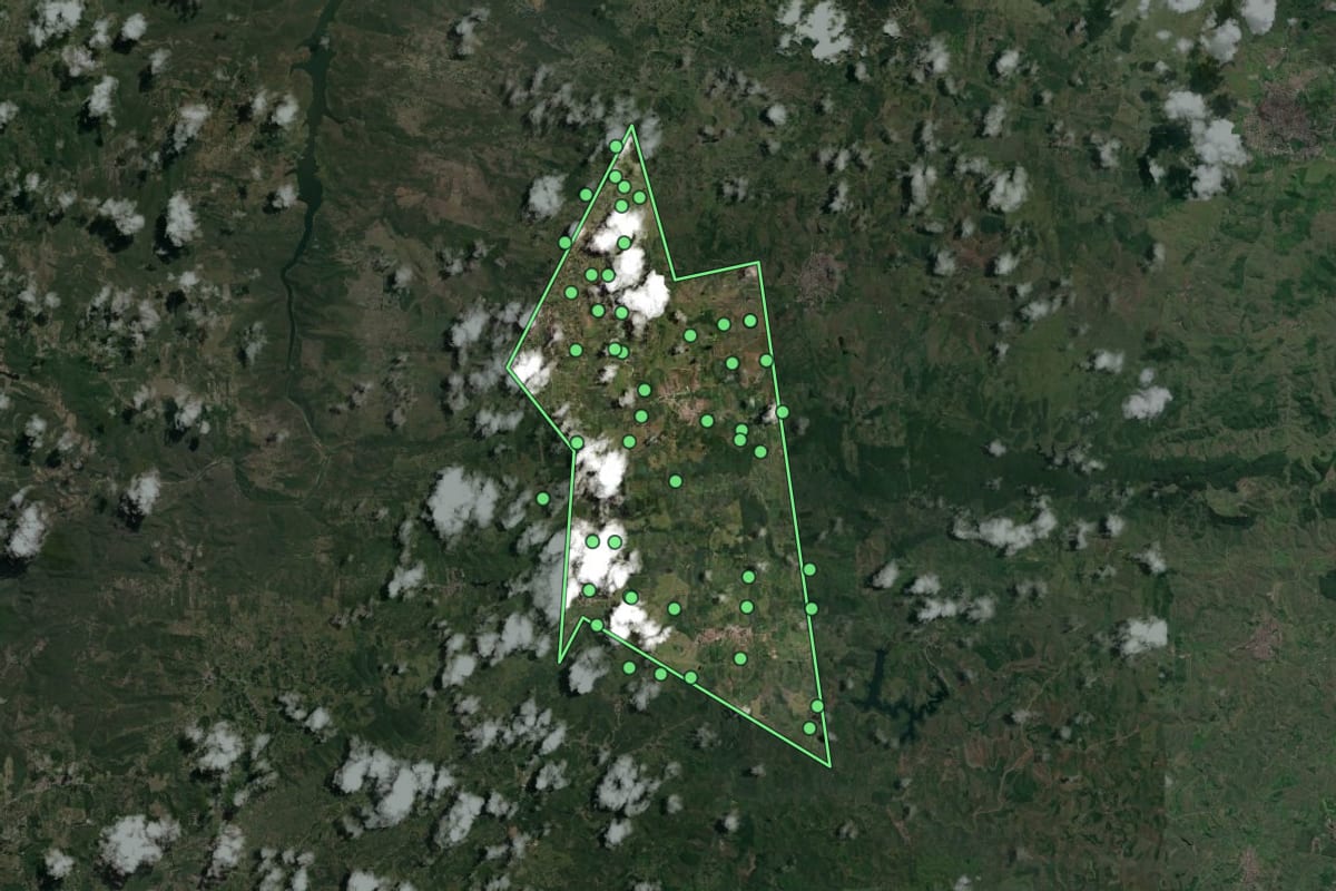 Imagem de satélite de São Vicente Férrer (PE), com o contorno do município e a posição dos imóveis desta página.