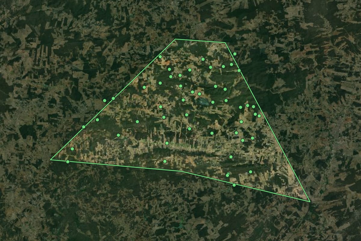 Imagem de satélite de Solidão (PE), com o contorno do município e a posição dos imóveis desta página.