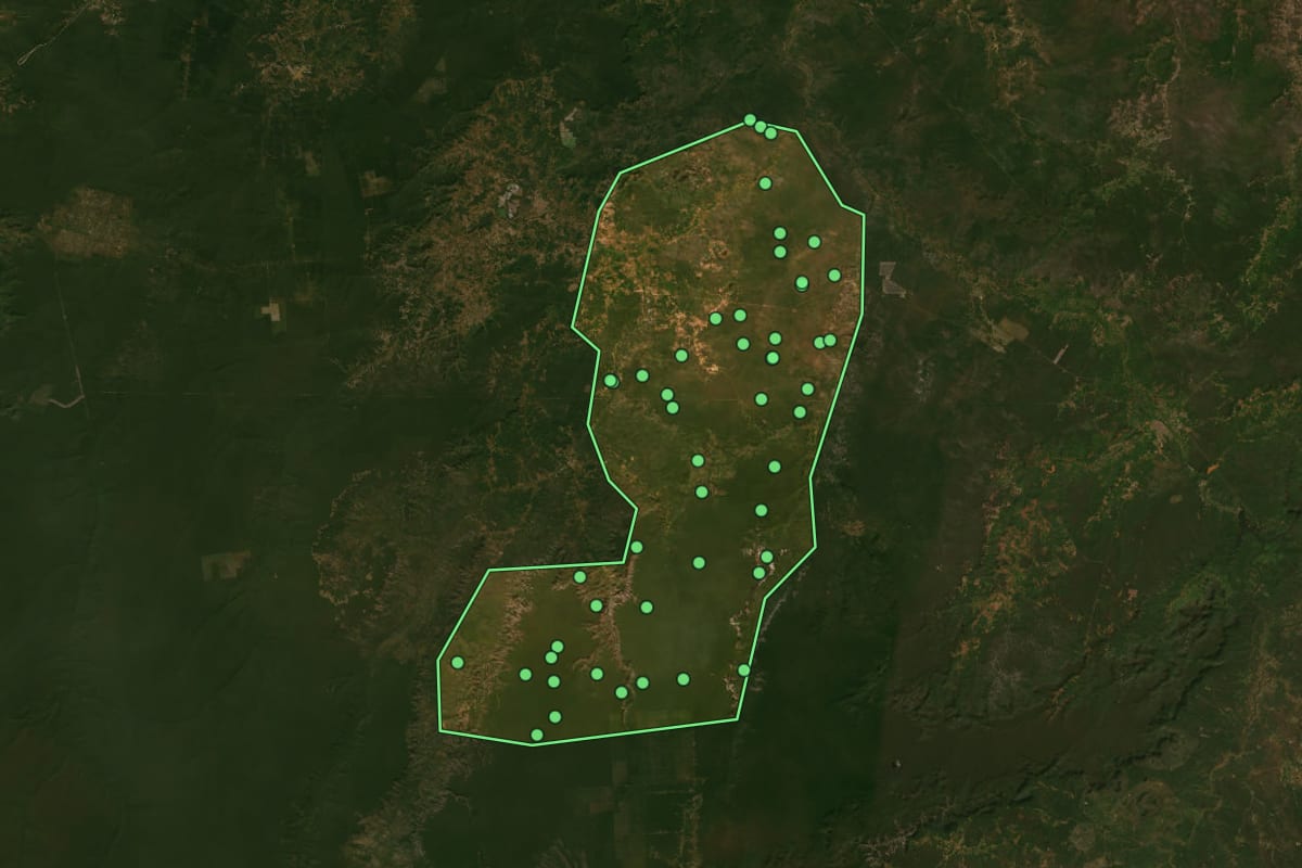 Imagem de satélite de Brejo do Piauí (PI), com o contorno do município e a posição dos imóveis desta página.